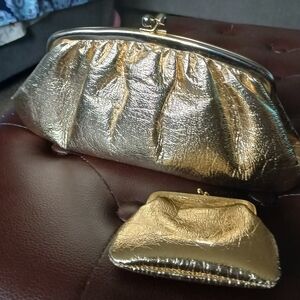 Gold Metallic Crinkle Leather Set! Bag/Coin Purse Kissloc Excellent Condition